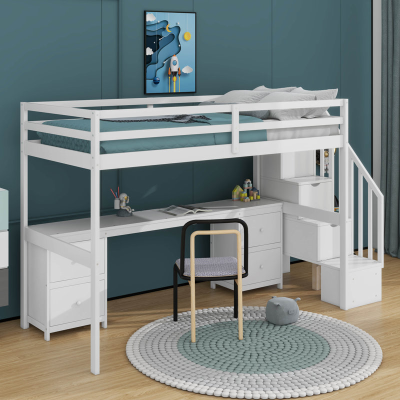 Twin Size Loft Bed With Built-In Desk And Drawer, White