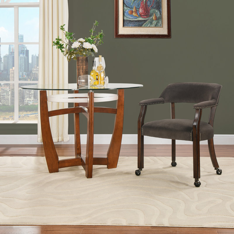 Wexford Collection Mid-Century Modern Upholstered Fabric Dining Chair, Wood Accent Chair with Arms and Casters for Dining Room, Vanity or Office, Velvet-Look Black Dining Chair