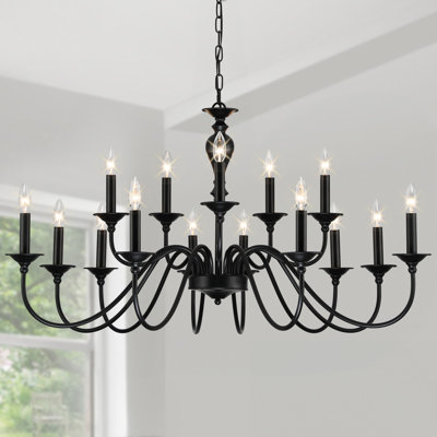 Lustre de ferme noir 15 lumières | Grands lustres pour luminaires de salle à manger au-dessus d'une table | Bougie rétro pour salon | Foyer | Escalier | Restaurant | Villa