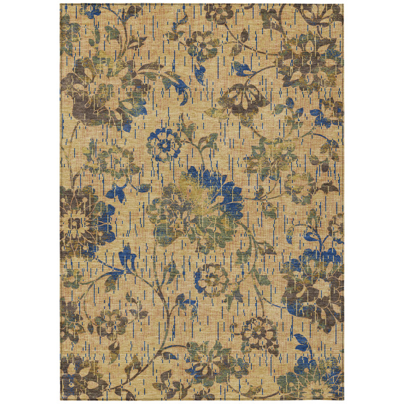 Machine Washable Indoor/Outdoor Chantille ACN2616 Floral Rug, Gold, 5' x 7'6"