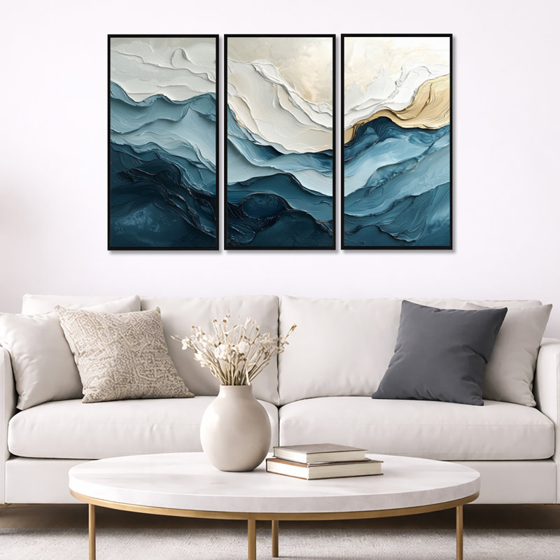 Ensemble 2 pièces d'art mural «White and Blue Marble Wave II», H 28 po x l 36 po x P 1 po, Toile avec cadre flottant noir