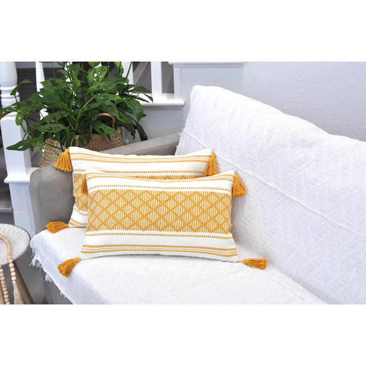 Percey Boho Lumbar Pillow Covers with Tassels, Cotton Woven Rectangular Pillowcases (Set of 2) Foundry Select Color: Mustard Yellow