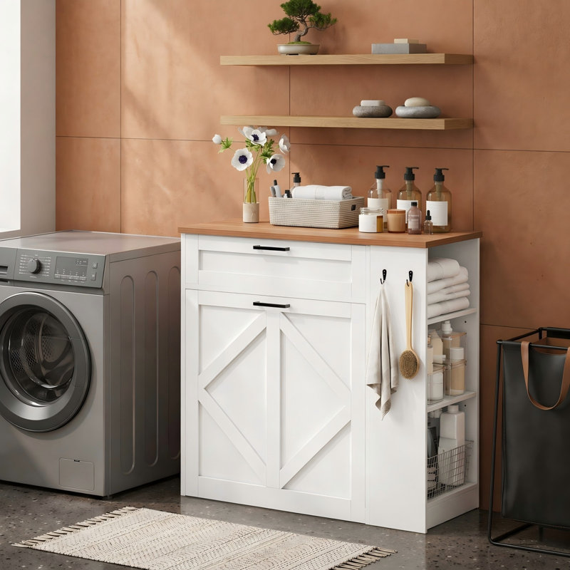 Laundry Hamper Cabinet, Double Laundry Cabinet with 2x11 Gallon Baskets, Pull-Out Laundry Storage Cabinet with 3 Adjustable Shelves, 2 Hooks and Drawer