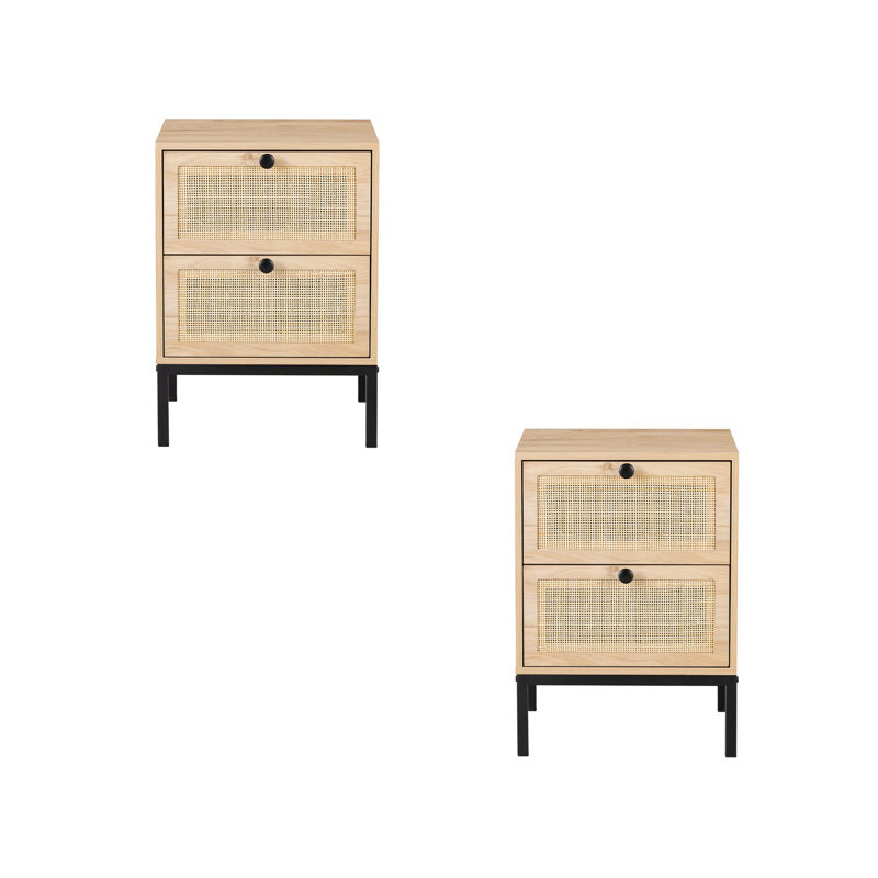 Ensemble de 2 tables de chevet rectangulaires en rotin avec tiroir 2