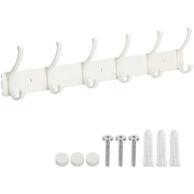 Wall Mount Coat Rack 1 Pack, White Coat Hooks Hanger with 6 Double Hooks | Zinc Alloy, Smooth Hook Edges, Screw Installation, Double Hooks，Greater Storage Space for Hanging Robes, Clothes, Bags, Hat