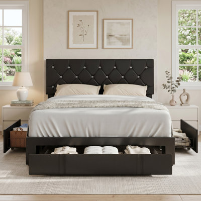 Modern PU Leather Storage Full Size Bed Frame with Adjustable Tufted Headboard