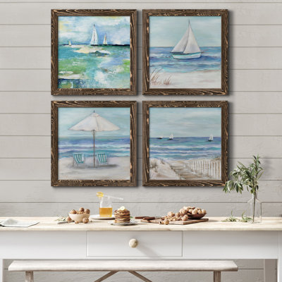 Jour sur le lac - Ensemble de 4 peintures sur toiles encadrées