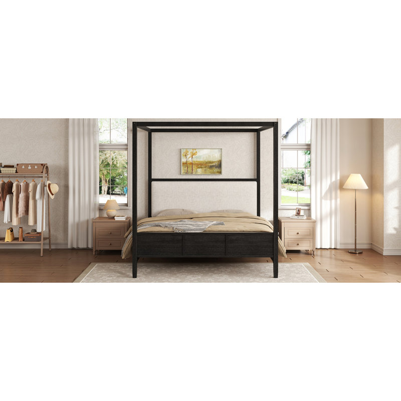 Grand lit plateforme à baldaquin en bois avec tête de lit tapissier, sans sommier, noir (ETA: 6/5), Black, Queen