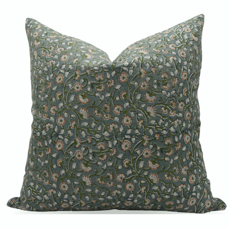 Linen Pillow Cover, 20" H x 20" W, Square, Green/Orange Floral 4