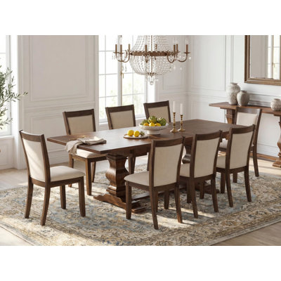 9 Piece Dining Table Set Includes a Rectangle Wooden Table with Removable Leaf and 8 Light Beige Linen Fabric Upholstered Chairs, Antique Walnut