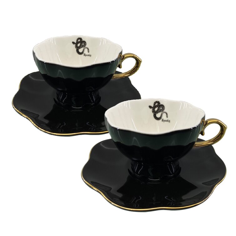 Blaine Tea Cup & Saucer (Set of 2) House of Hampton Color: Black/Gold