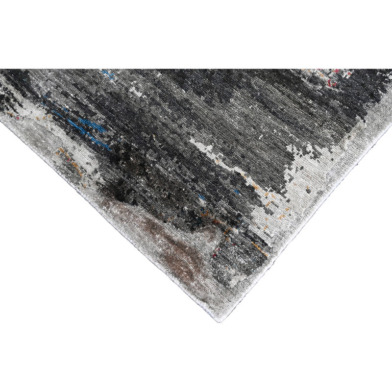 Hand Knotted Abstract Area Rug in Charcoal/Gold/Orange/Ivory, Rectangle 6' x 9'