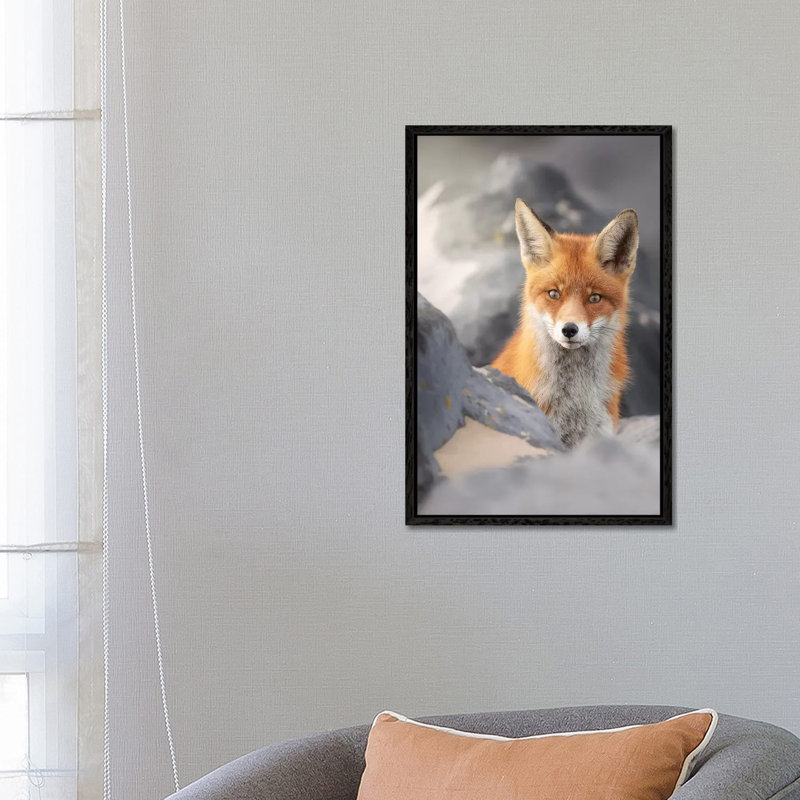A Red Fox Between The Rocks by Dick Van Duijn - Print on Canvas, 66.04cm H x 45.72cm W x 3.81cm D, Black Framed