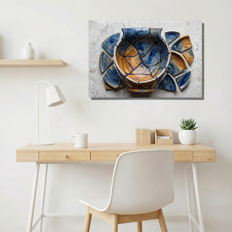 Blue And Orange Broken Pottery Shards Canvas Wall Art, 12"H x 18"W