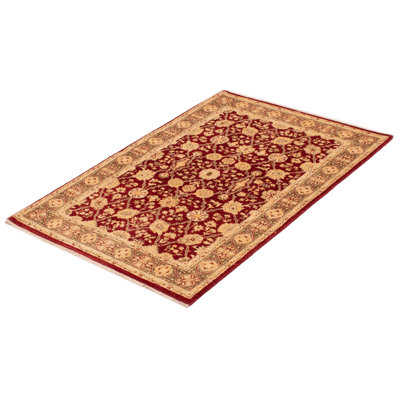 Tapis rouge / beige en laine noué à la main de conception unique 3 pi 11 po x 5 pi 9 po New Age Arizmendi