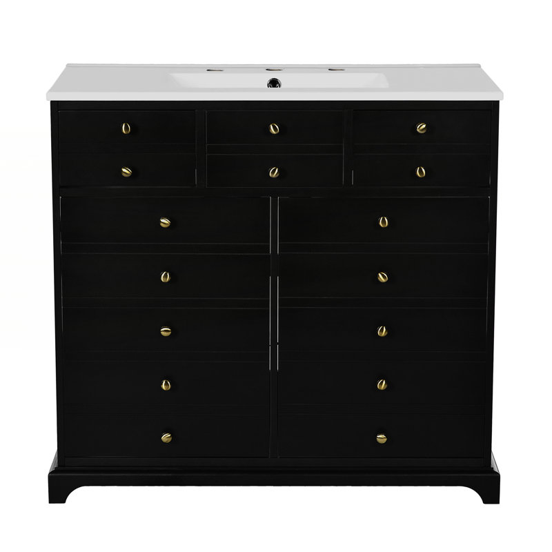 Ensemble de meuble-lavabo autoportant avec 2 tiroirs et portes à fermeture douce, Noir, noir, noir, noir