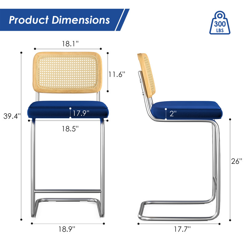 Baumgartner Upholstered Counter Stool with Metal Frame, Silver, Blue, Counter Stool (26" Seat Height)