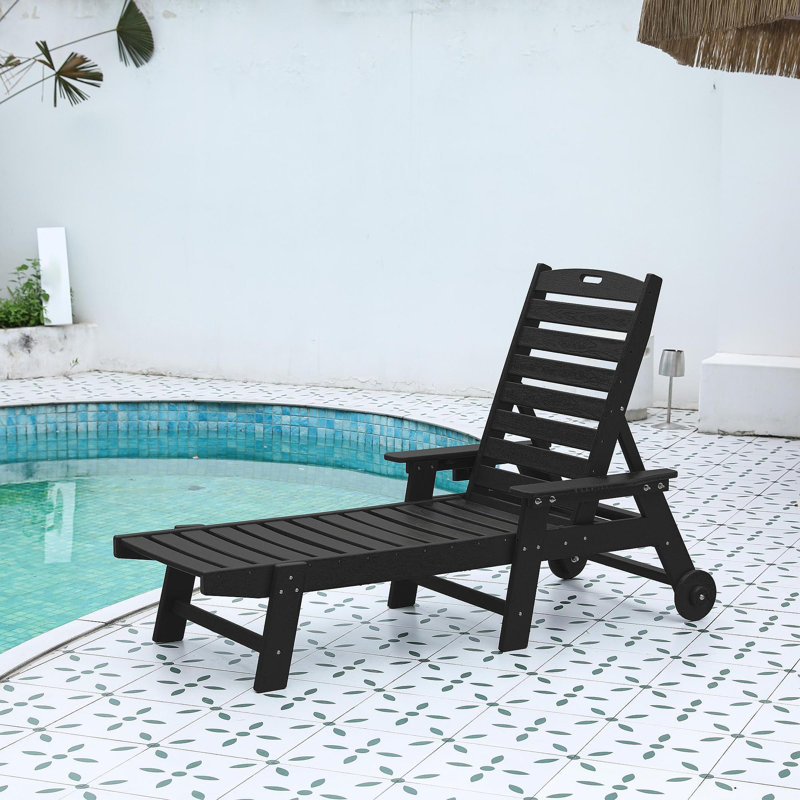 Lounge Chair Outdoor With Wood Texture,Oversized Chaise Lounge Chair With 5 Positions, HDPE, Patio Lounge Chair With Wheels & Cup Holder For Pool, Deck, Poolside, Black