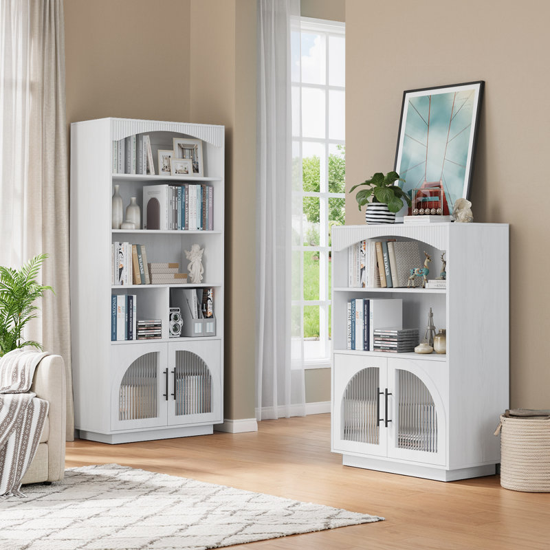 70" Bookshelf And Bookcase, Tall Bookcase With Glass Door, 5 Tier Mid-century Book Shelves W/ Deep Storage Cabinet And Adjustable Shelves, Wood Standing Tall Book Shelf For Home Office Kitchen