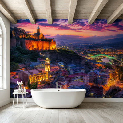 Papier peint adhésif pelez et collez, vue panoramique, Tbilissi, Géorgie, après le coucher du soleil, Caucase, art mural