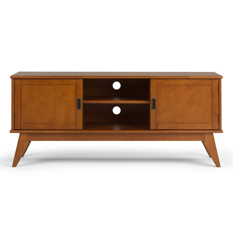 Draper 60"W Solid Wood Mid-Century Modern Low TV Stand for TVs up to 65" with 2 Cabinets and Open Shelves, Teak Brown