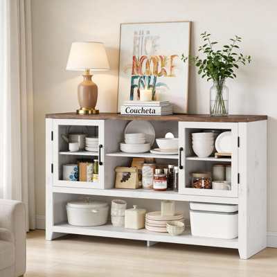 Table basse 53 po avec 2 portes en verre et 3 tablettes de rangement pour armoire de salon et vestibule polyvalente blanche moderne 53 po