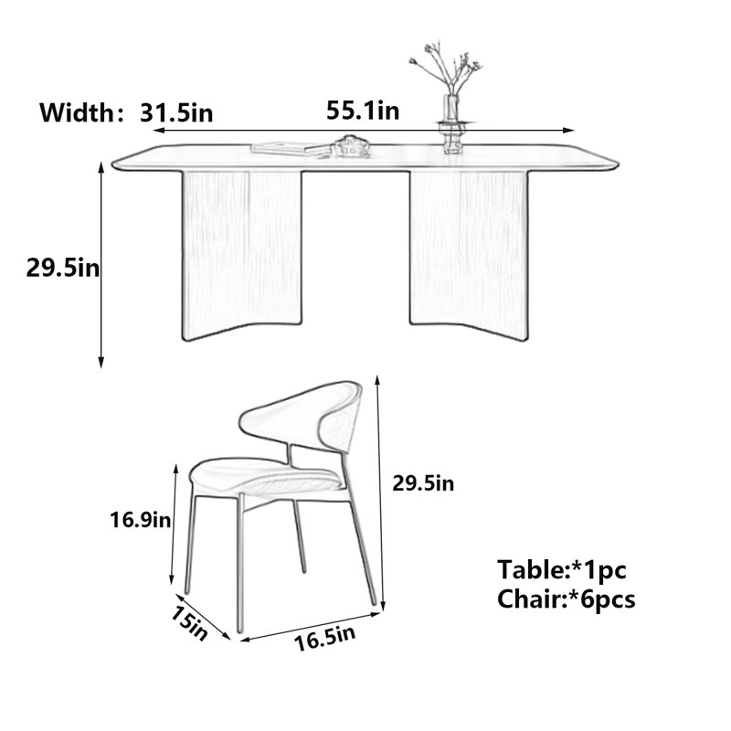 Modern Black Slate Dining Table, Elegant, 29.5"H x 55.1"L x 31.5"W