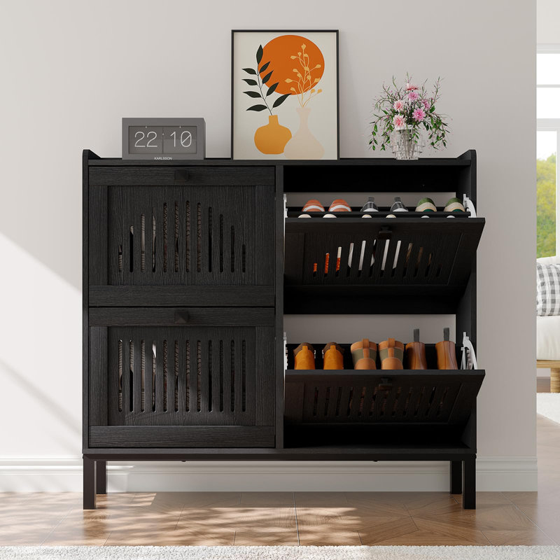 Armoire de rangement pour chaussures avec 4 tiroirs rabattables, organisateur de chaussures avec panneau creux, Noir