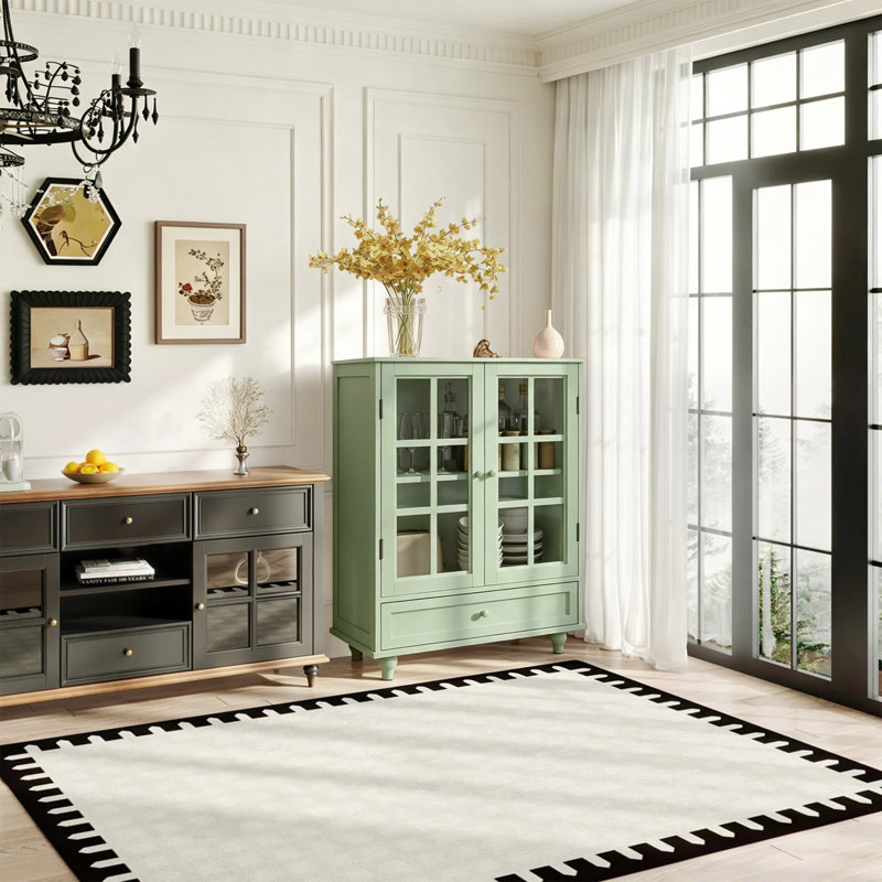 Minimalist Buffet Cabinet With Double Glass Doors And 1 Drawer, Modern Wooden Storage Sideboard Cupboard For Living Room, Dining Room, Hallway