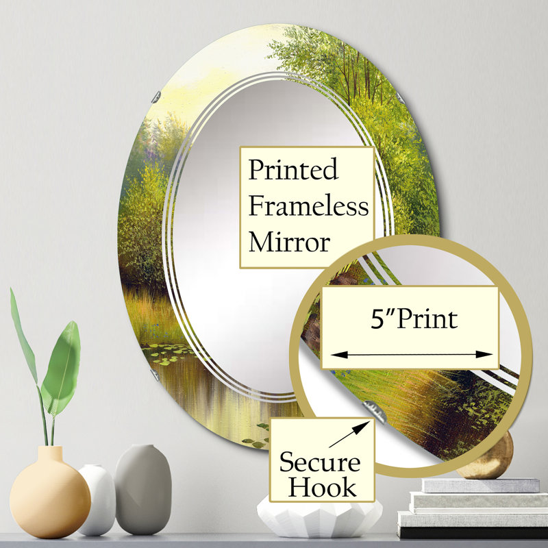 Beautiful Summer River Green Landscape I - Miroir mural ovale, 30 po x 20 po