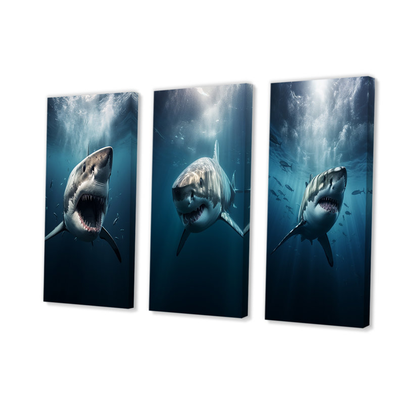 Blue Shark Apex Predator Photo - Shark Canvas Art Print Set Of 3, Wrapped Canvas, 28" H x 36" W