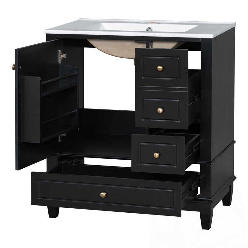 Meuble-lavabo avec lavabo, tablette et trois tiroirs, Noir