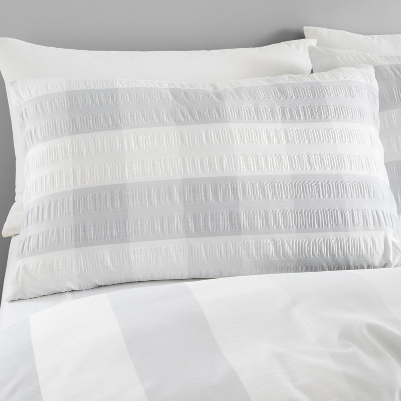 Seersucker Gingham Polyester Chequered Duvet Cover Set with Pillowcases Included, Single - 1 Standard Pillowcase, Silver