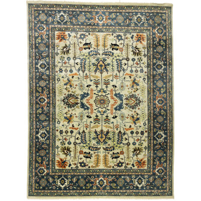 Tapis oriental crème à motif géométrique fait à la main 9 x 12