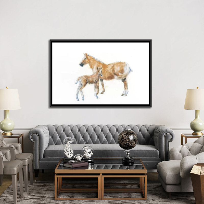 Cheval et poulain, impression sur toile tendue, H 18 po x l 26 po x P 1,5 po, Toile avec cadre noir, Pas de tapis