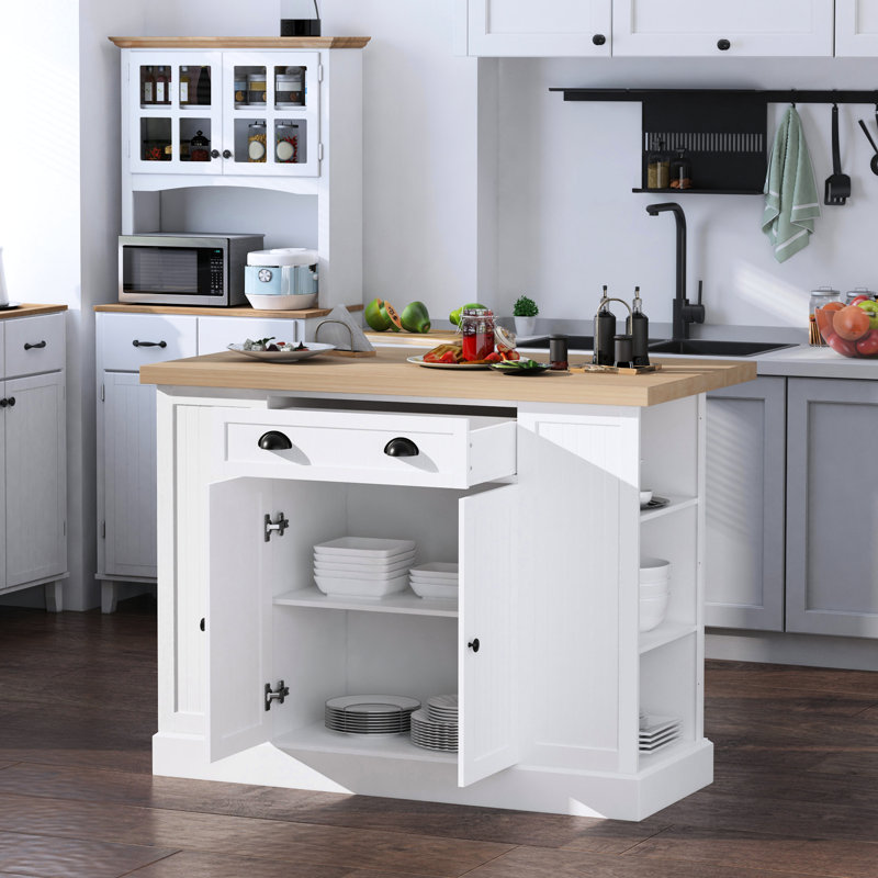 Îlot de cuisine en bois cannelé de 47 po, armoire de rangement de comptoir avec rallonge, tiroir, tablettes ouvertes, rangement