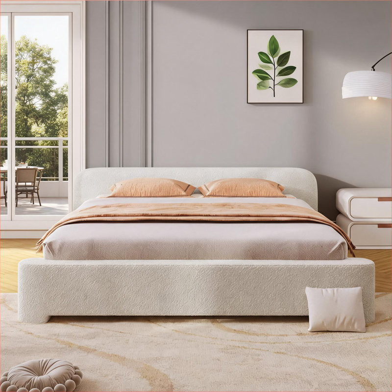Structure de lit pour grand lit tapissier pour chambre à coucher, blanc bouclé minimaliste sans sommier tapissier