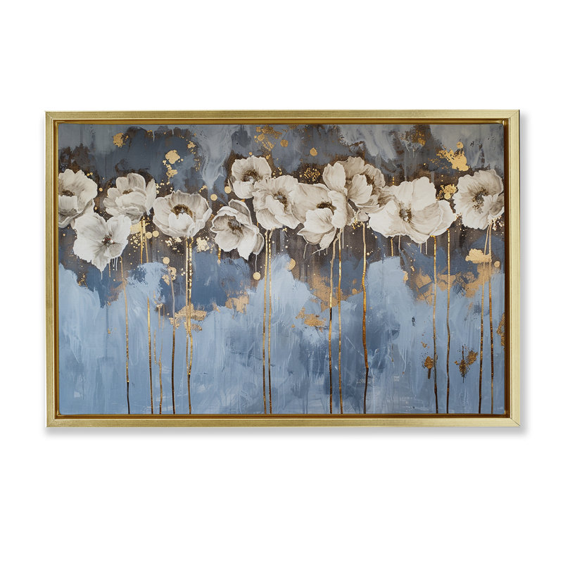 Toile flottante encadrée «Drip Pe pivoines» par LSR Design Studio, H 21 po x l 31 po, Cadre flottant métallique doré