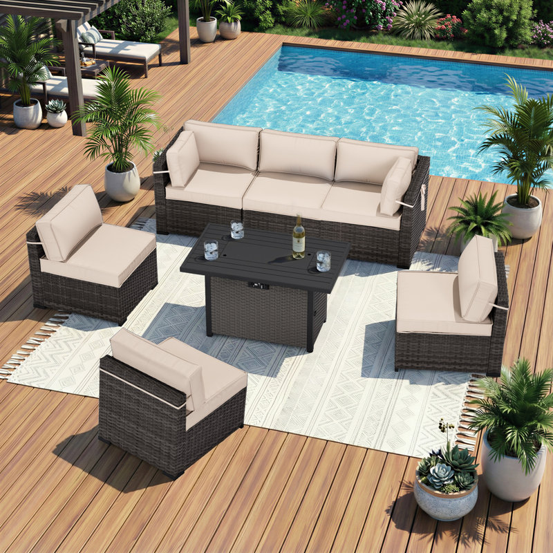 Fauteuil modulaire en rotin toutes saisons pour 6 personnes avec table de foyer et coussins luxueux, Beige, Brun / Gris