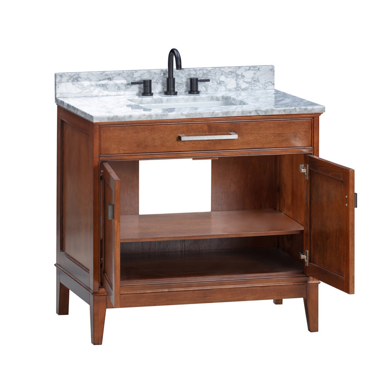 Meuble-lavabo simple 36 po avec plateau Anglet, Blanc de Carrare, Tabac