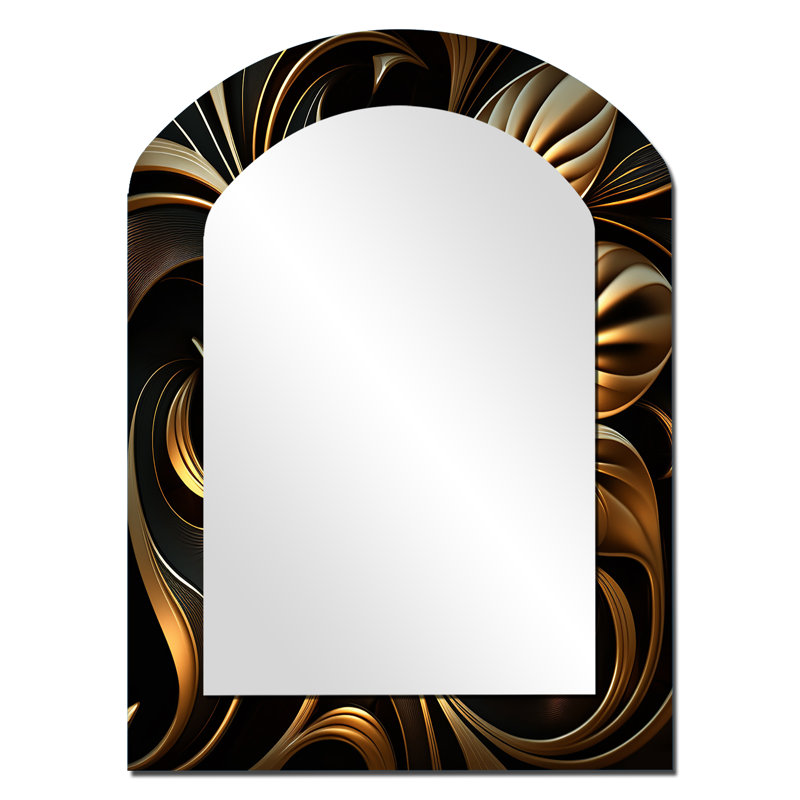 Lys doré sur fond noir I - décor de miroir mural asymétrique unique, grand arc doré, impression sur métal, 34 po x 25 po