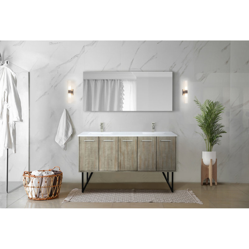 Meuble-lavabo double en acacia rustique l 60 po x P 20 po, plateau en marbre de culture et miroir 55 po