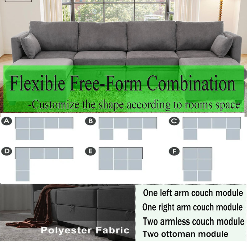 Hashim 6 - Piece Free Form Upholstered Convertible Modular Sofa Sectional with Storage, Dark Gray 100% Polyester