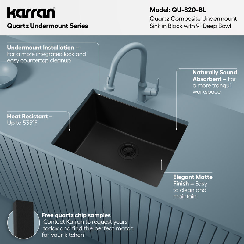 Karran Quartz 24-3/8'' X 19-1/8'' Single Bowl Undermount Kitchen Sink, Black