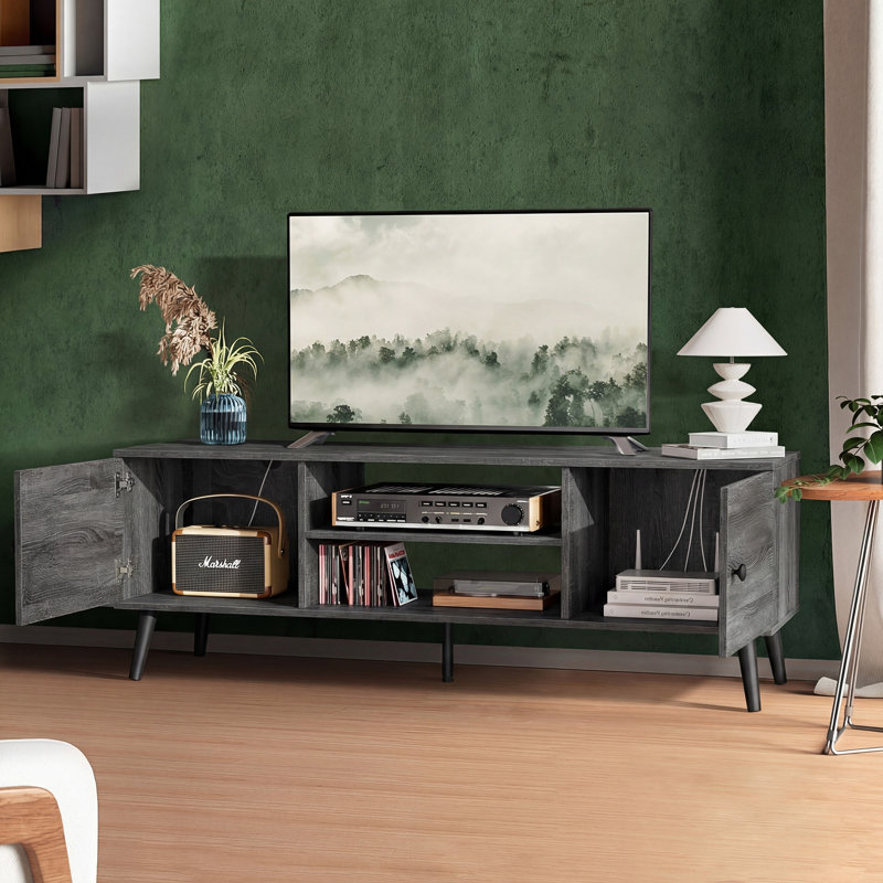 Josebe 65" TV Stand Media Console with Cabinets Adjustable Shelves, Gray Wood