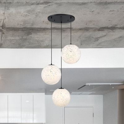 Lustre en globe noir mat à 3 lumières pour hall d'entrée avec abat-jour en verre blanc Aria
