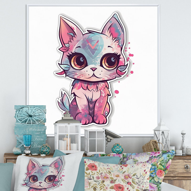 Illustration d'un chat chaton rose sur toile, H 24 po x l 24 po x P 1 po, Cadre flottant blanc