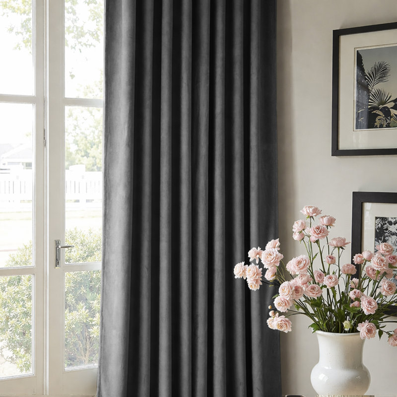 Alsey 100% Velvet Blackout Eyelet Ready Made Curtains & Drapes with matching Tie Backs, Grey, (117 Width X 137 Height) cm