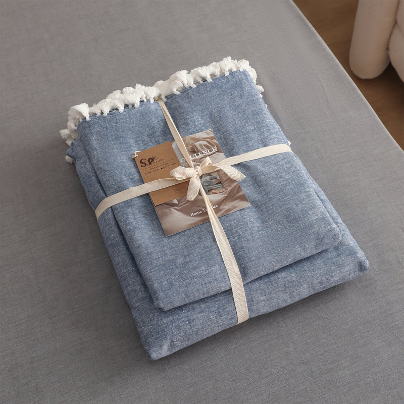 Linen Cotton Blend Bedding Set with Tassel Trim(Dark Blue,Queen), Dark Blue, Queen Duvet Cover + 2 Standard Pillowcases