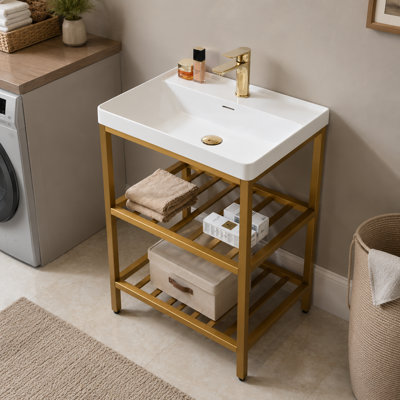 24" Resin Integrated Sink & Stainless Steel Frame Freestanding Bathroom Vanity with 2-Tier Open Storage